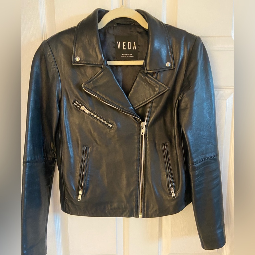 Veda Black Leather Moto Jacket